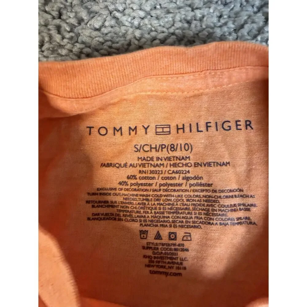 Tommy Hilfiger Shirt Boys Small 8-10 Orange Short Sleeve Tagless Logo Cotton